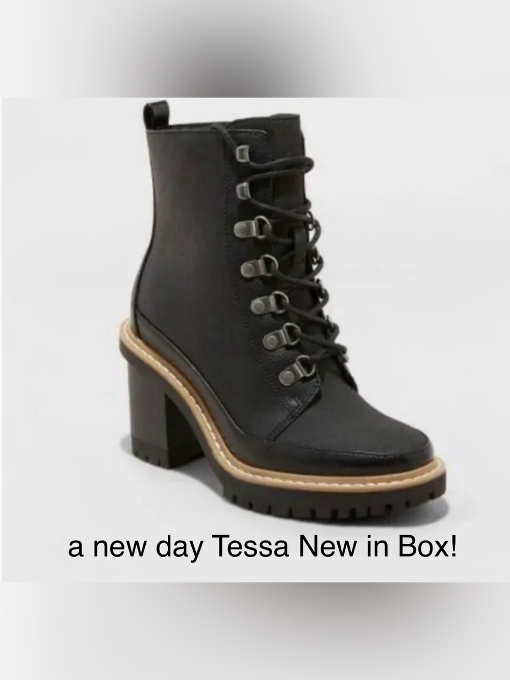 NEW! A New Day Tessa Black  Lug-Heel Lace-Up Ankle Boots New in Box 5 1/2